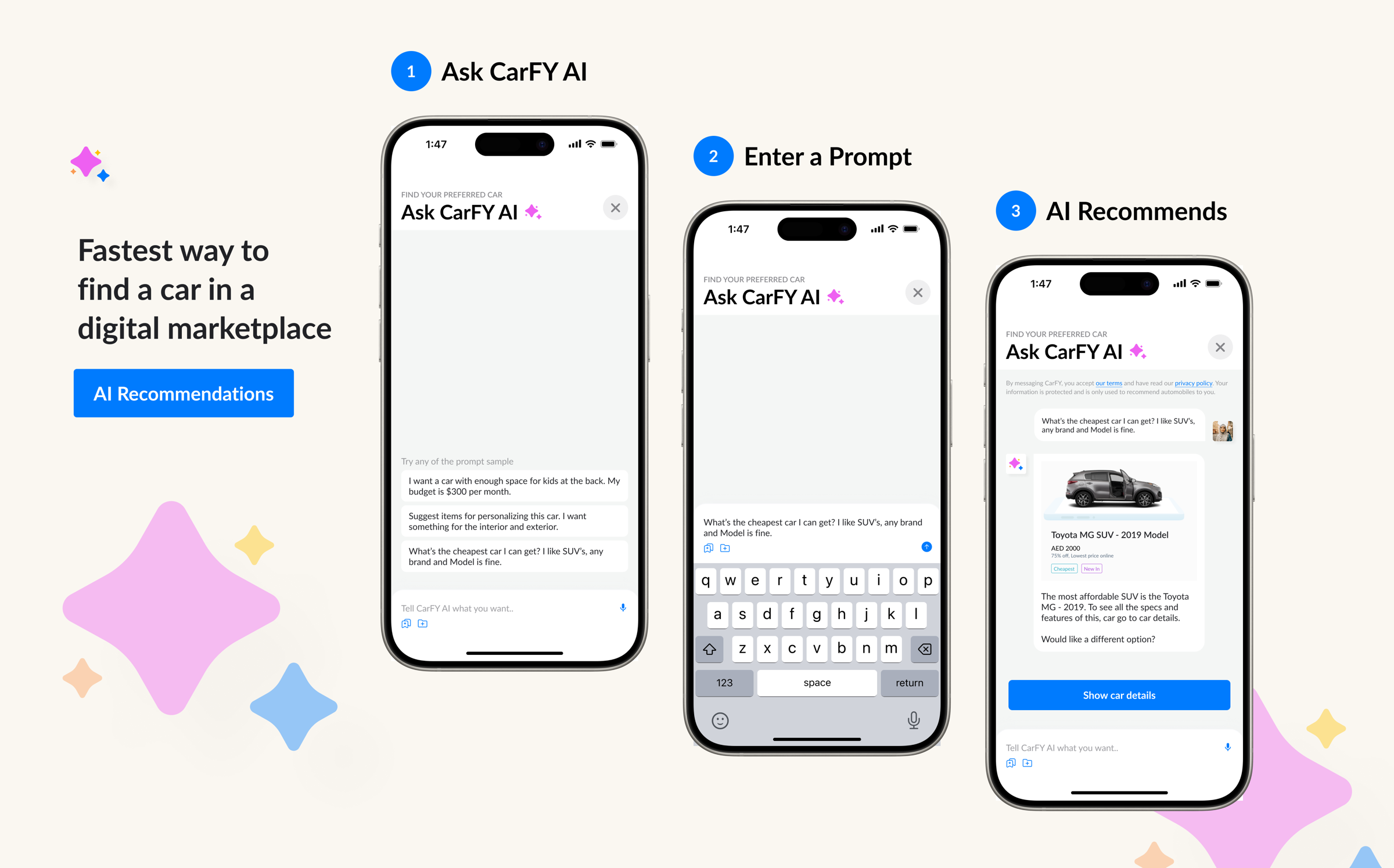 How CarFY AI works — ask CarFY AI, enter a prompt, then the AI recommends a matching car