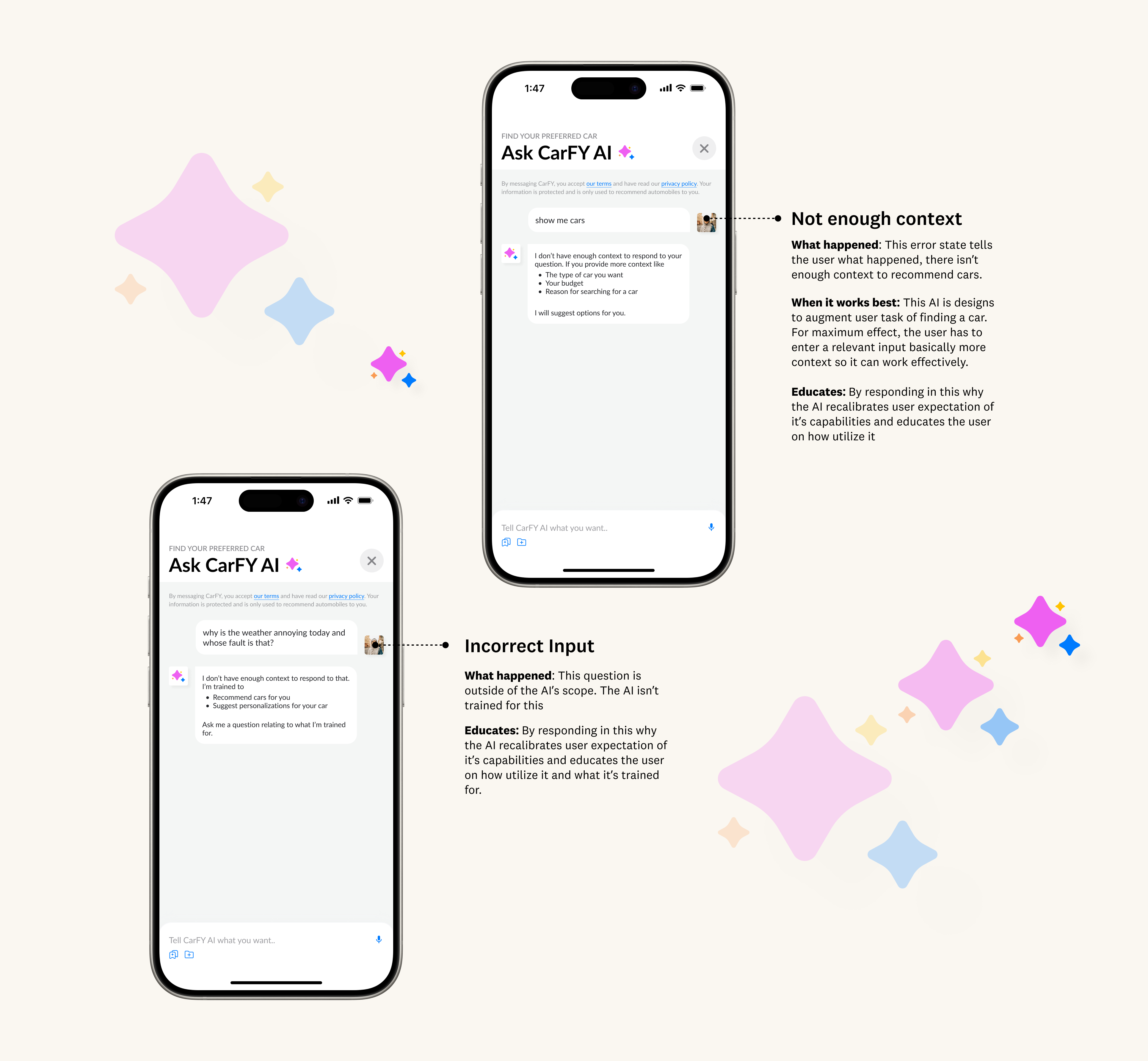 Two CarFY AI conversation repair states — not enough context, and incorrect input — each explaining what happened and how the response teaches the user a stronger prompt