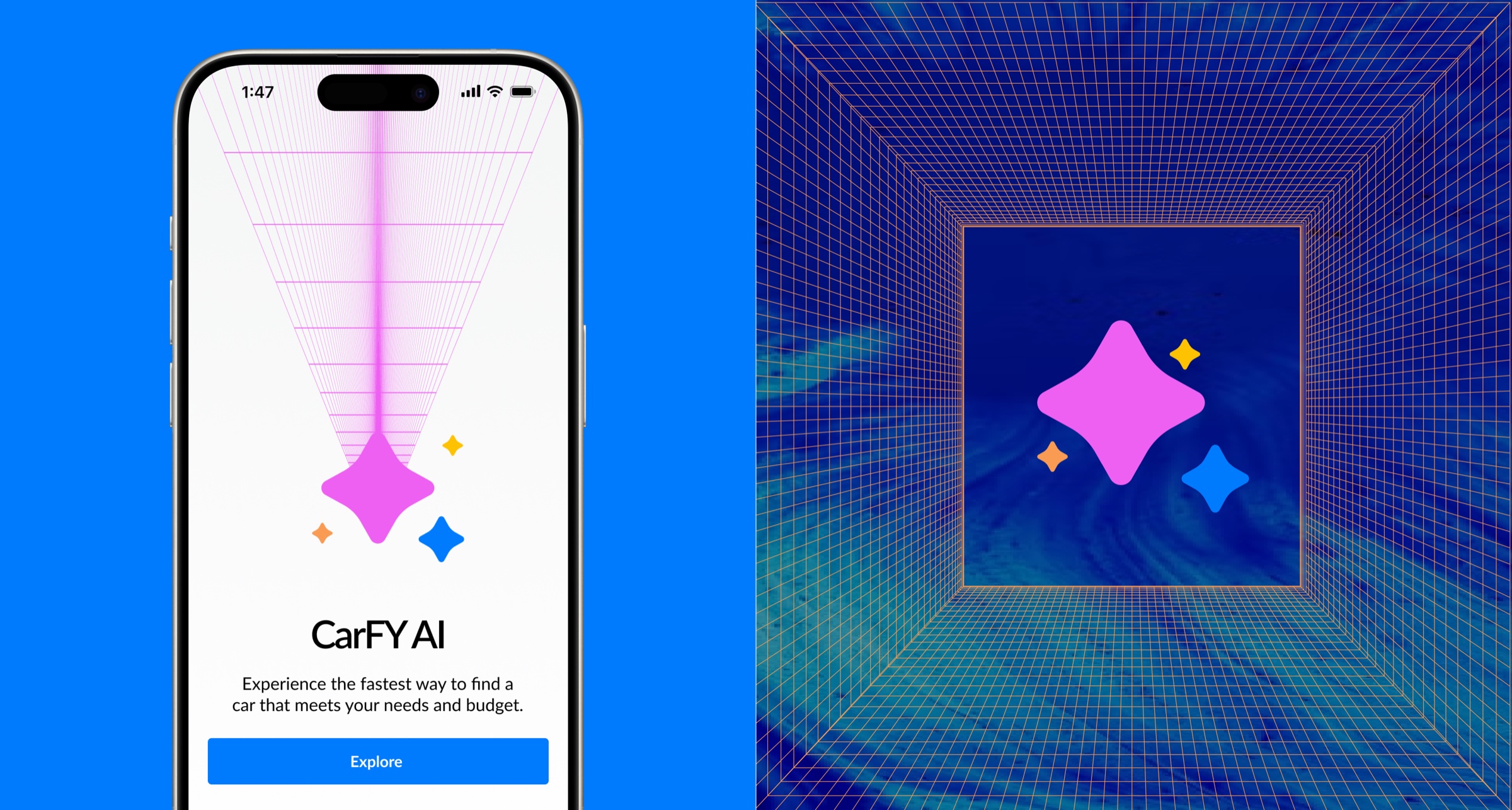 CarFY AI — app concept preview with the brand sparkle logo