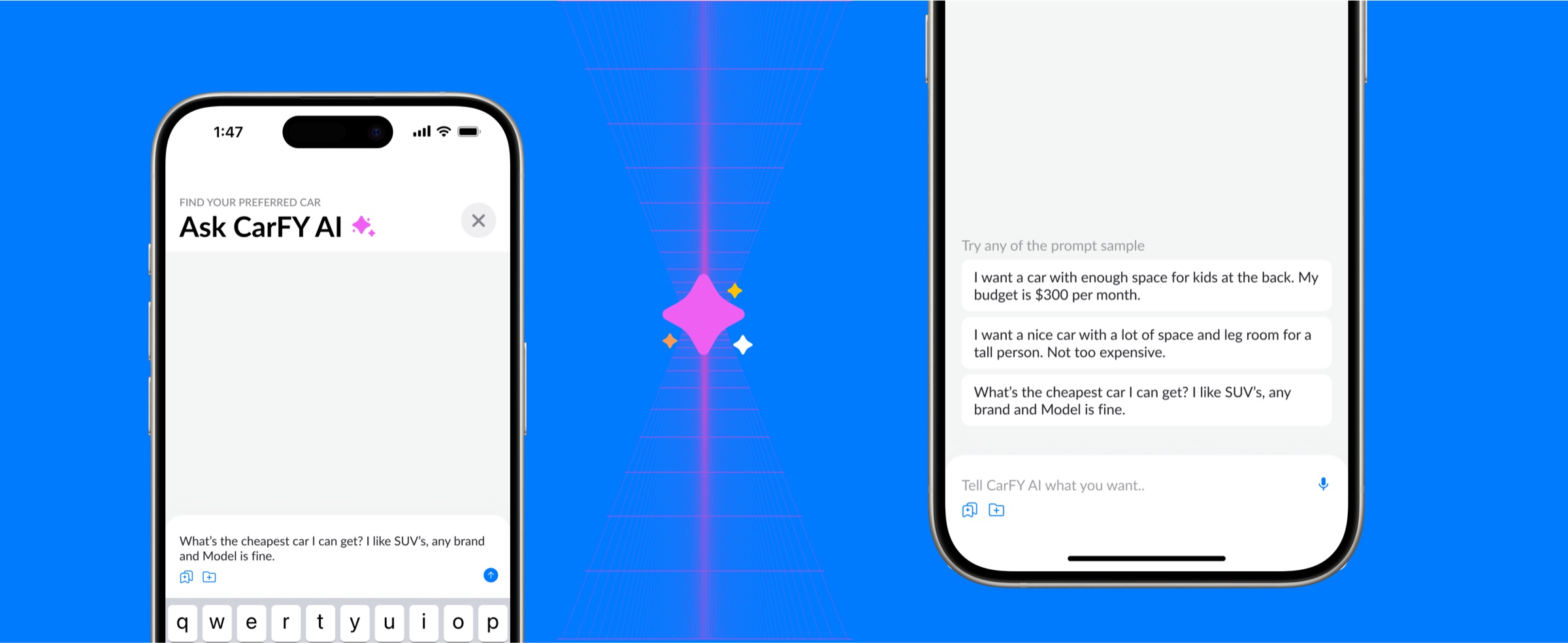 CarFY AI prompt interface — a familiar chatbot pattern with sample prompts
