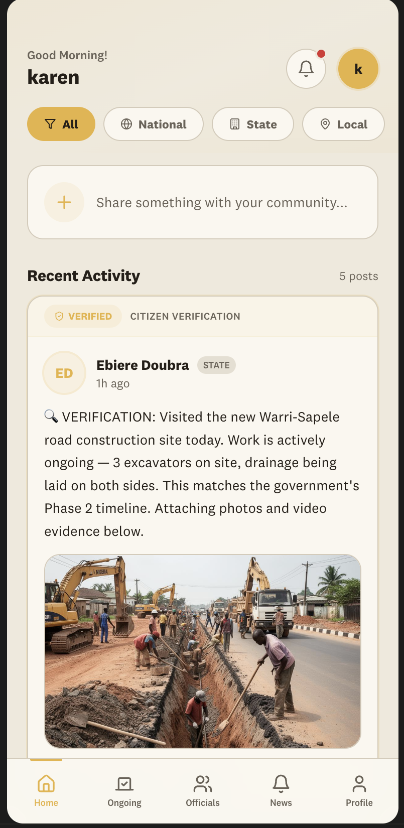 Tarié citizen app — Home Feed