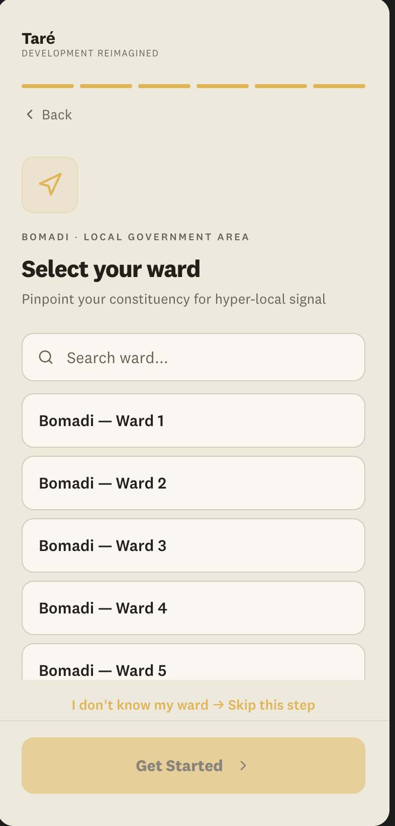 Tarié citizen app — Ward Selection
