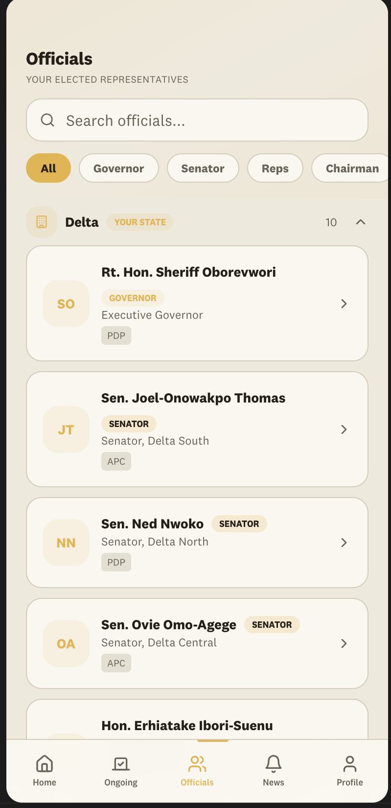 Tarié citizen app — Officials Directory