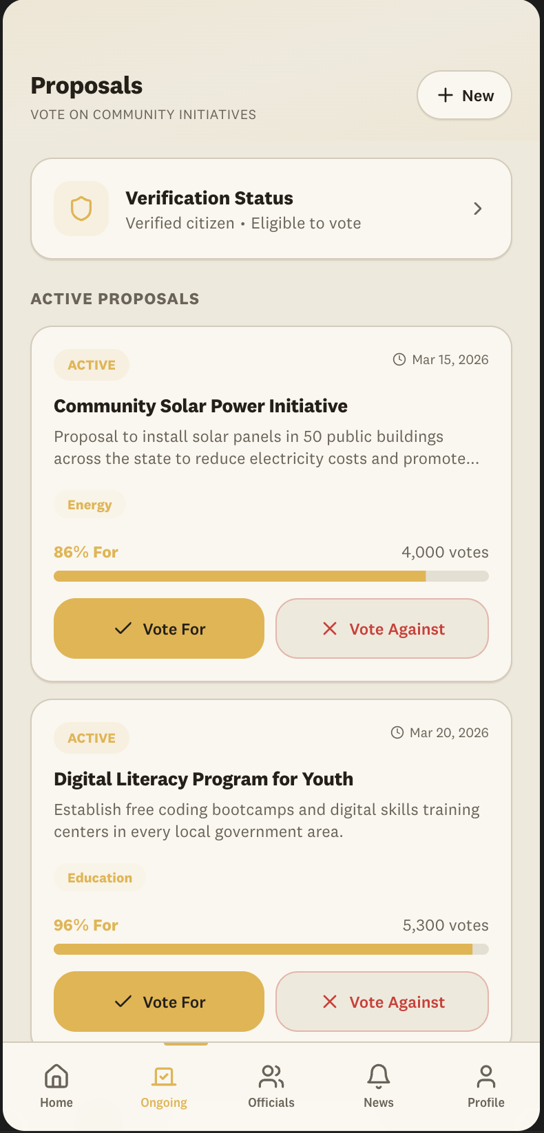 Tarié citizen app — Proposals & Voting