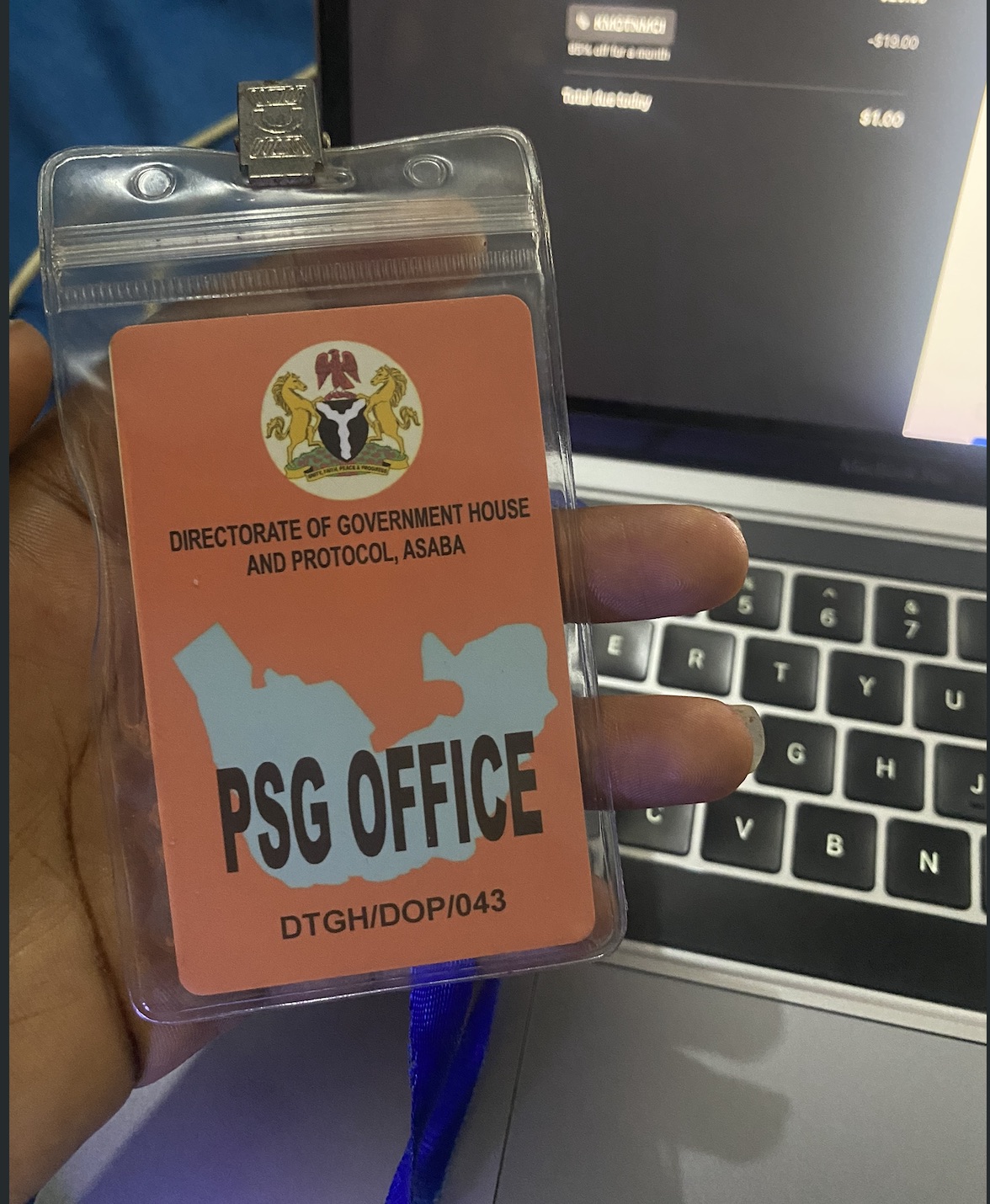 Visitor credential at Delta State Government House — PSG Office, DTGH/DOP/043, May 2026